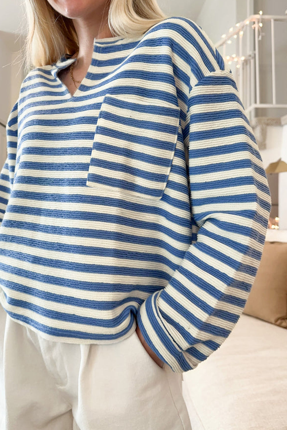 Stripe Chest Pocket Buttoned Back Notched V Neck Top