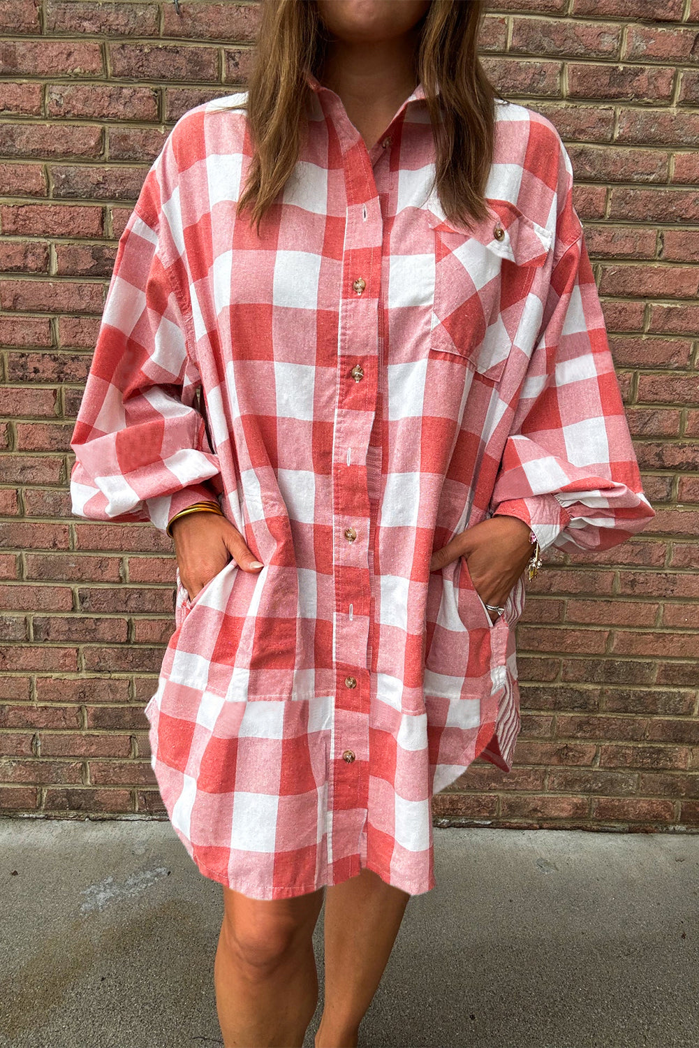 Oversized Plaid Puff Sleeve Round Hem Shirt Dress