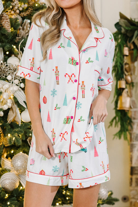 Christmas Print Short Sleeve Shirt and Shorts Pajama Set