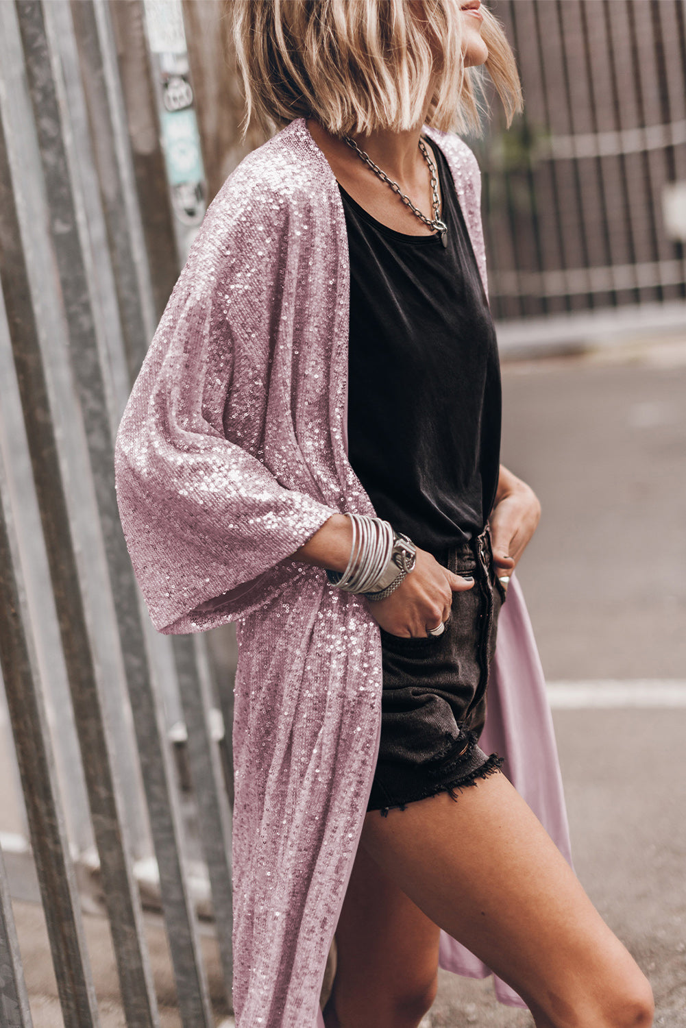 Sequin 3/4 Sleeve Open Front Duster Kimono