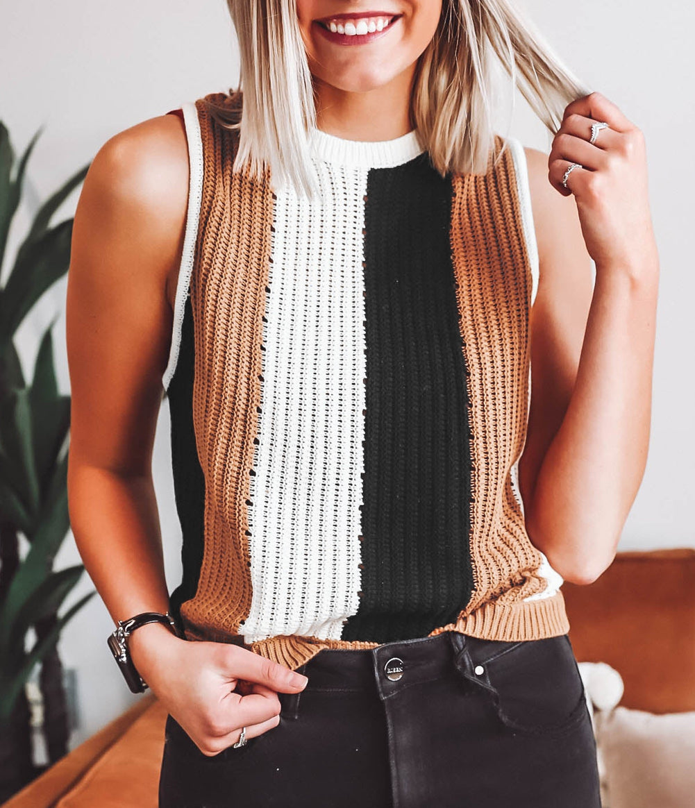 Stripe Color Block Sleeveless Knitted Sweater Vest