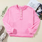 Solid Color Buttoned Neckline Loose Sweatshirt