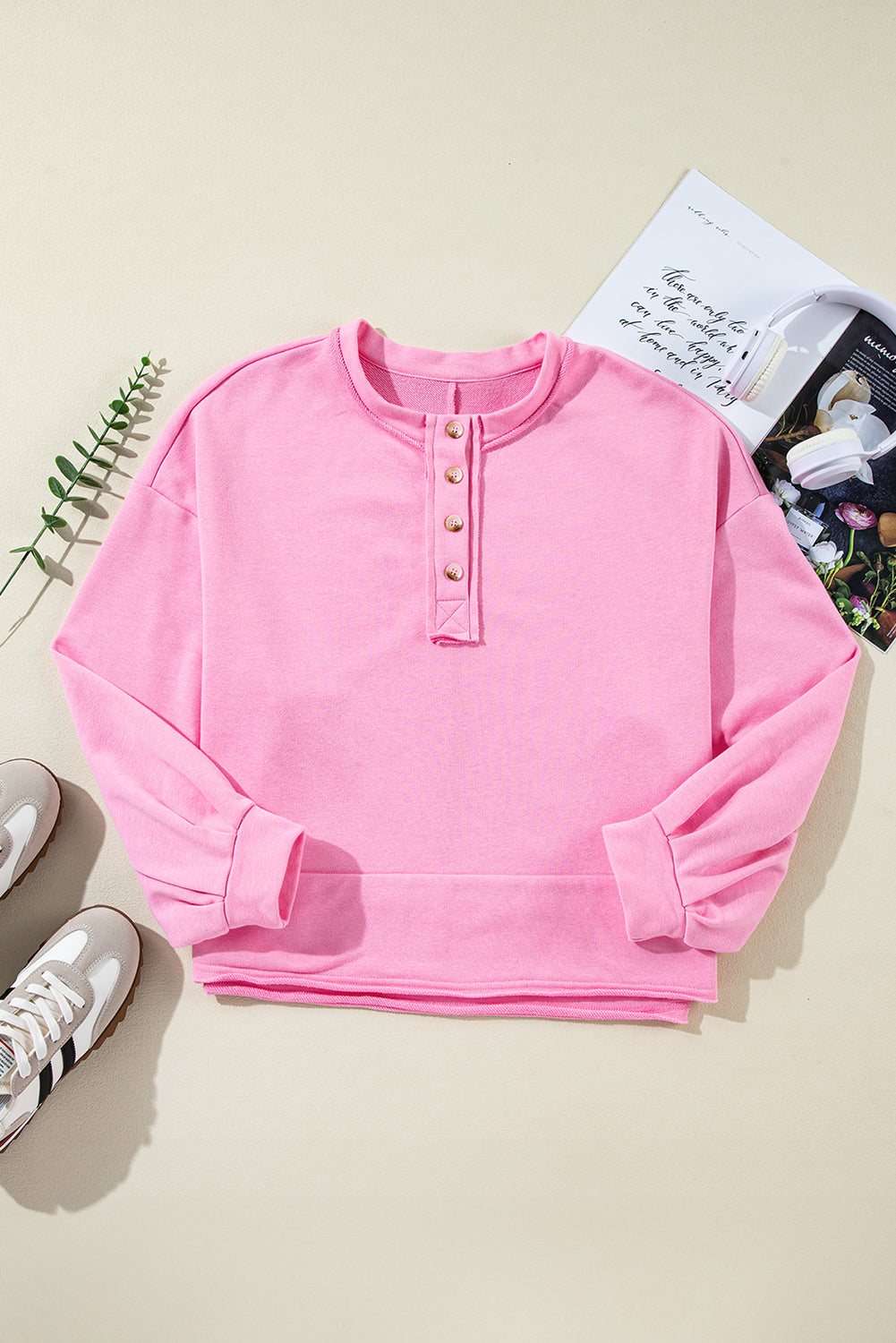 Solid Color Buttoned Neckline Loose Sweatshirt