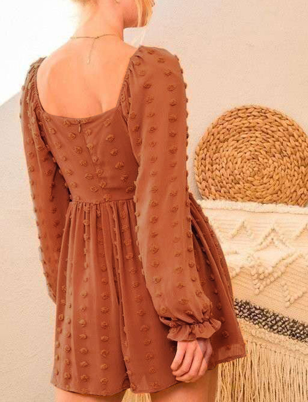 Swiss Dot Flounced Bubble Sleeve Square Neck Romper