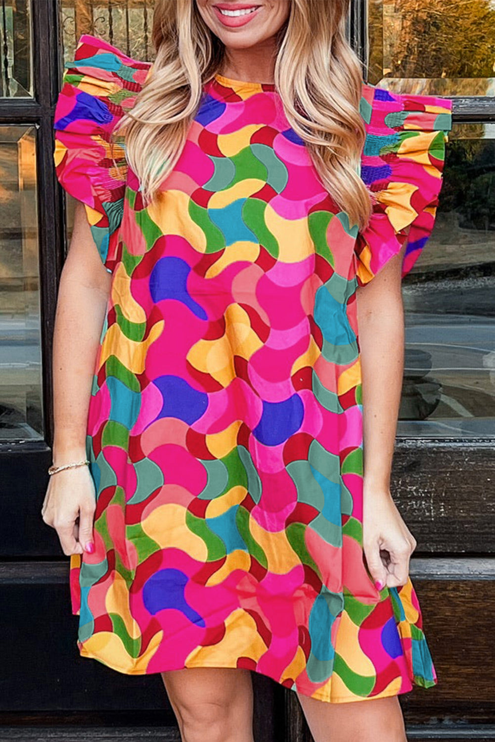 Abstract Print Ruffle Sleeve Shift Dress