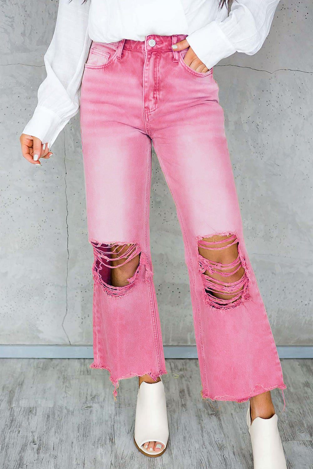 Distressed Hollow-out High Waist Cropped Flare Jeans