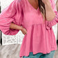 Frilled V Neck Puff Sleeve Babydoll Blouse