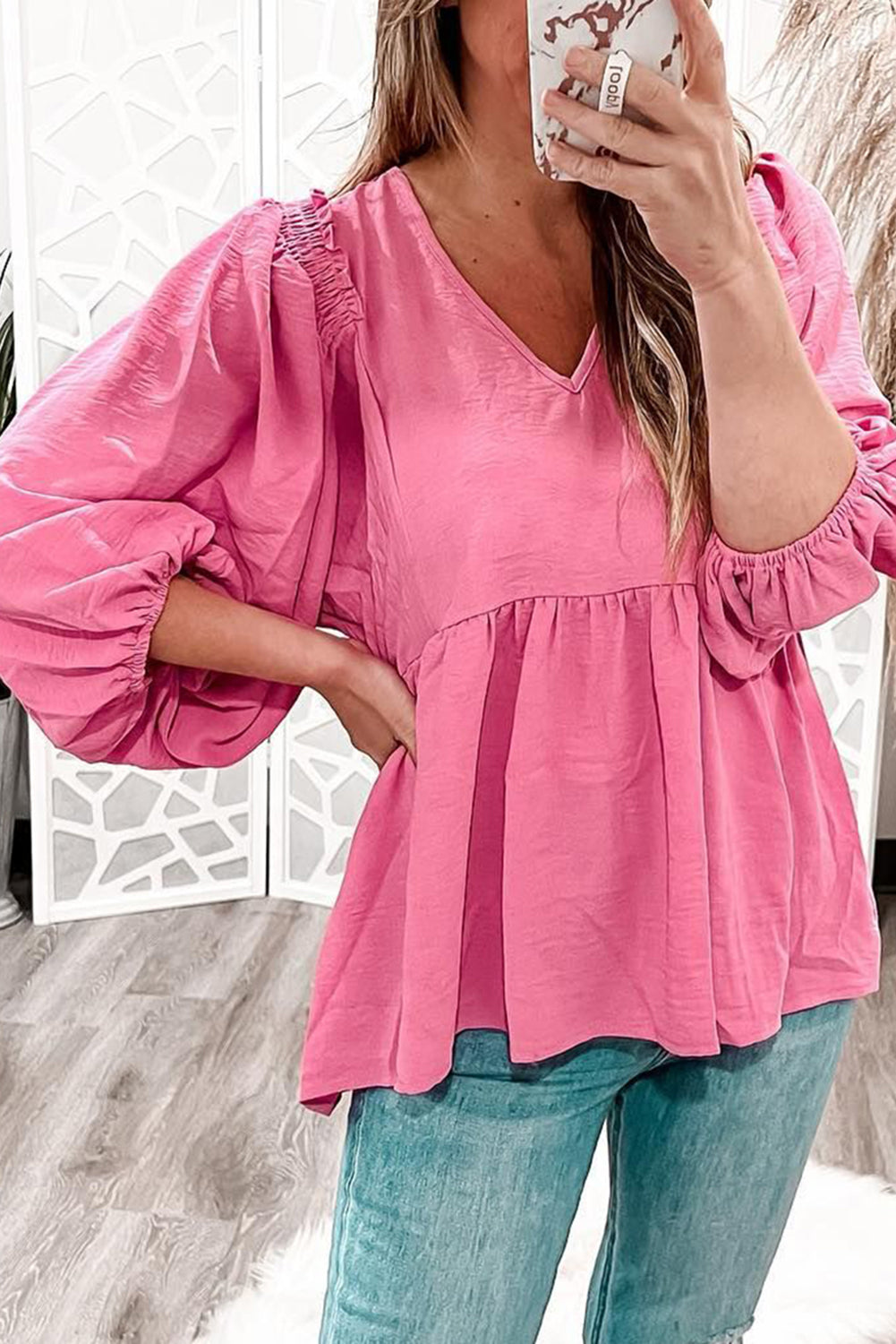 Frilled V Neck Puff Sleeve Babydoll Blouse