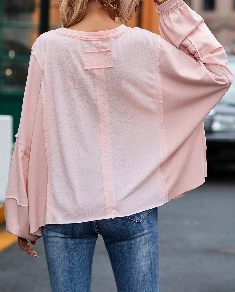 Exposed Seam Chest Pocket Loose Sleeve Oversized Top