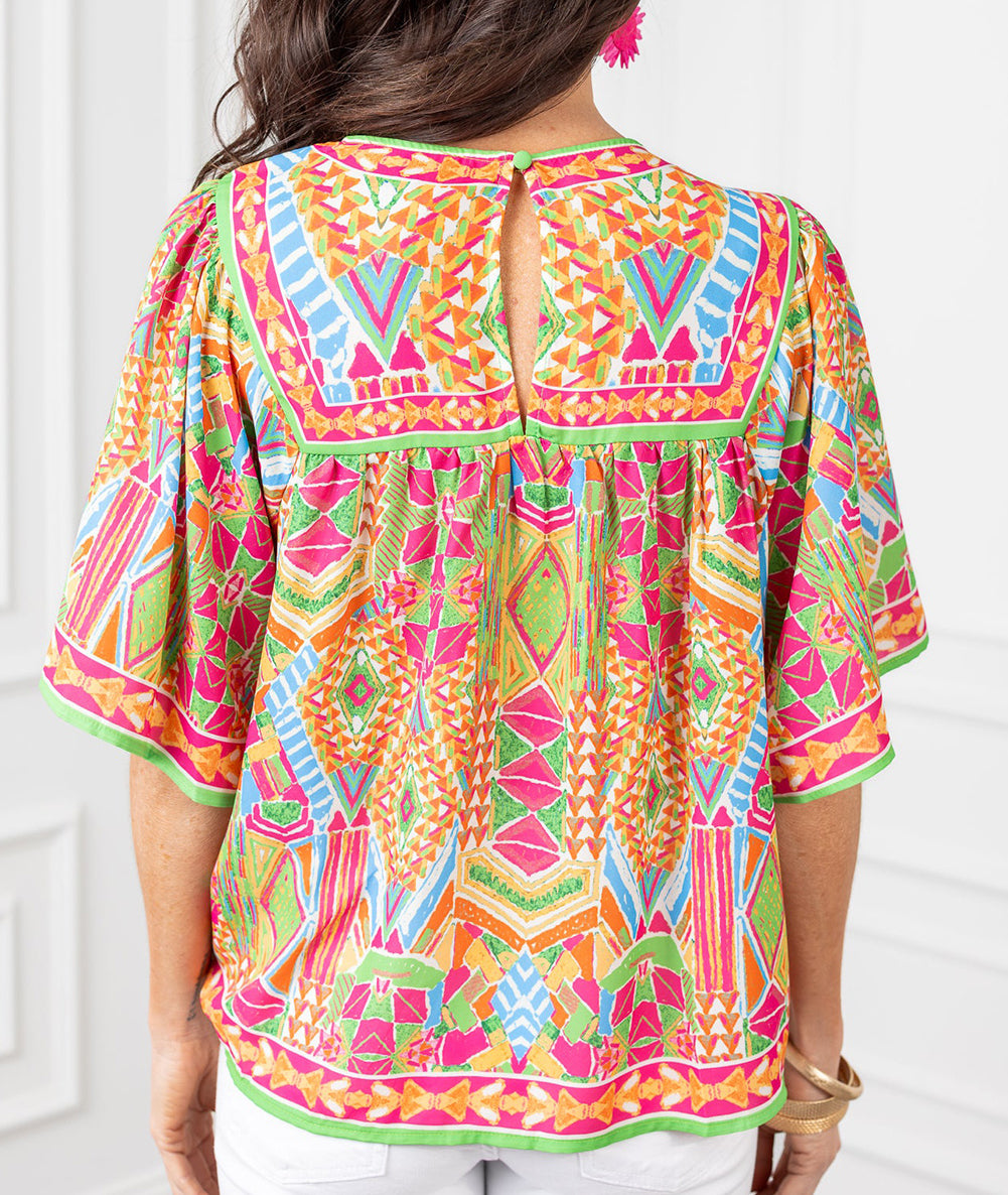 Geometric Print Bell Sleeve O Neck Babydoll Blouse