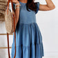 Crew Neck Flutter Tiered A-line Chambray Dress