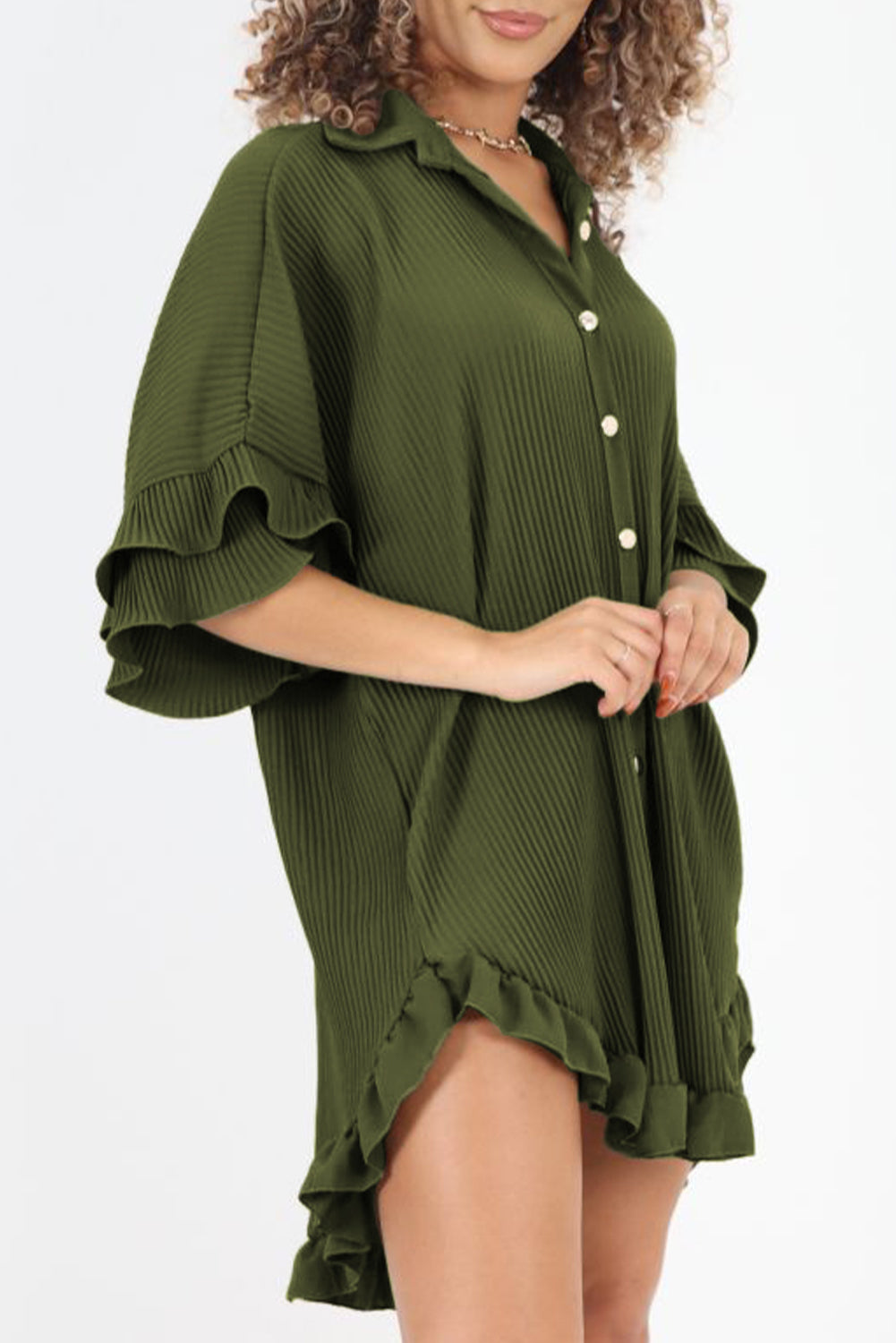 High-low Hem Ruffle Sleeve Pleated Shirt Dress