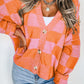 Checkered Drop Shoulder Buttoned V Neck Cardigan