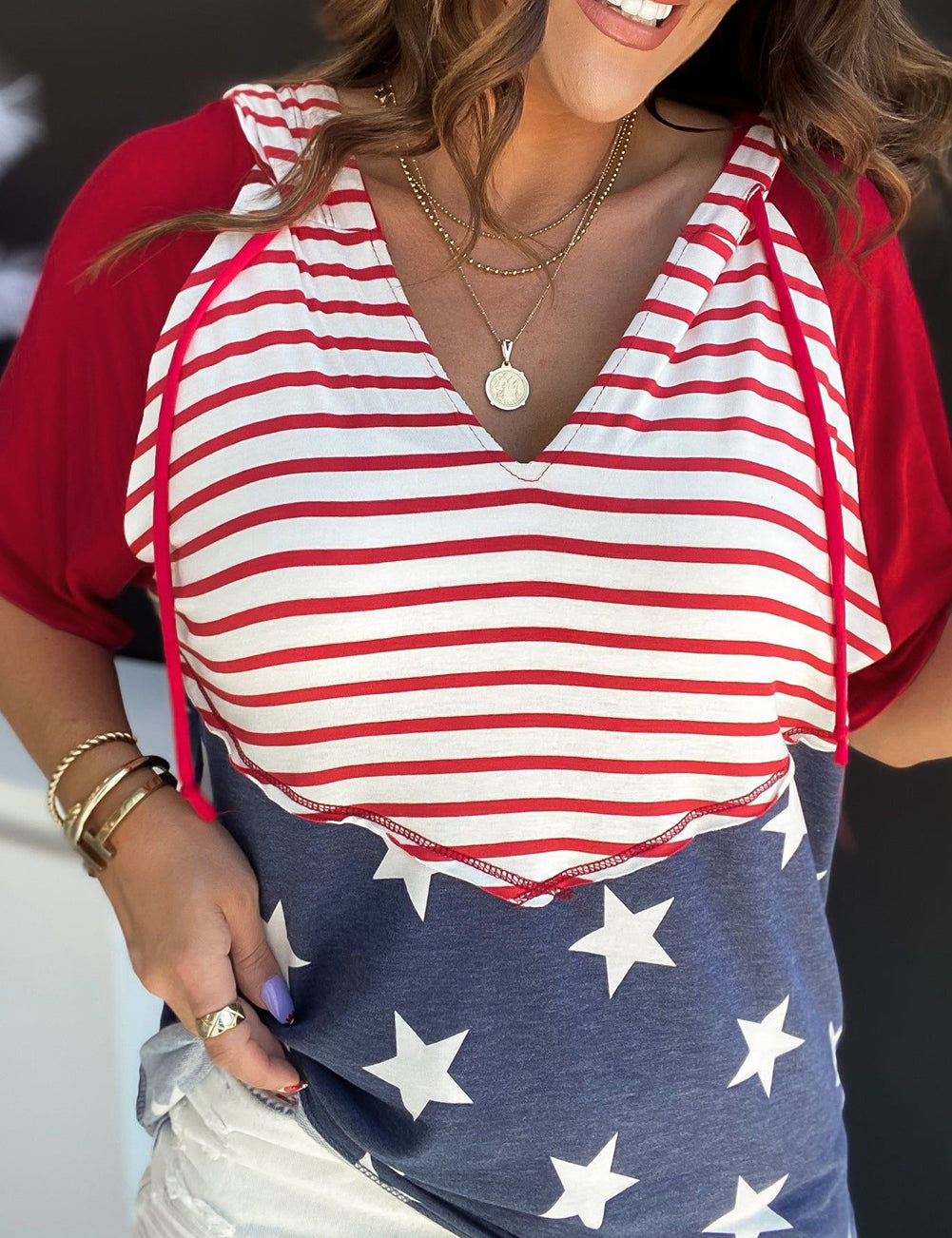 Stars and Stripes Print Drawstring Hooded T Shirt