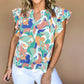 Green Abstract Print Notched Neck Flutter Sleeve Blouse
