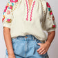 Floral Embroidered Ricrac Puff Sleeve Textured Blouse