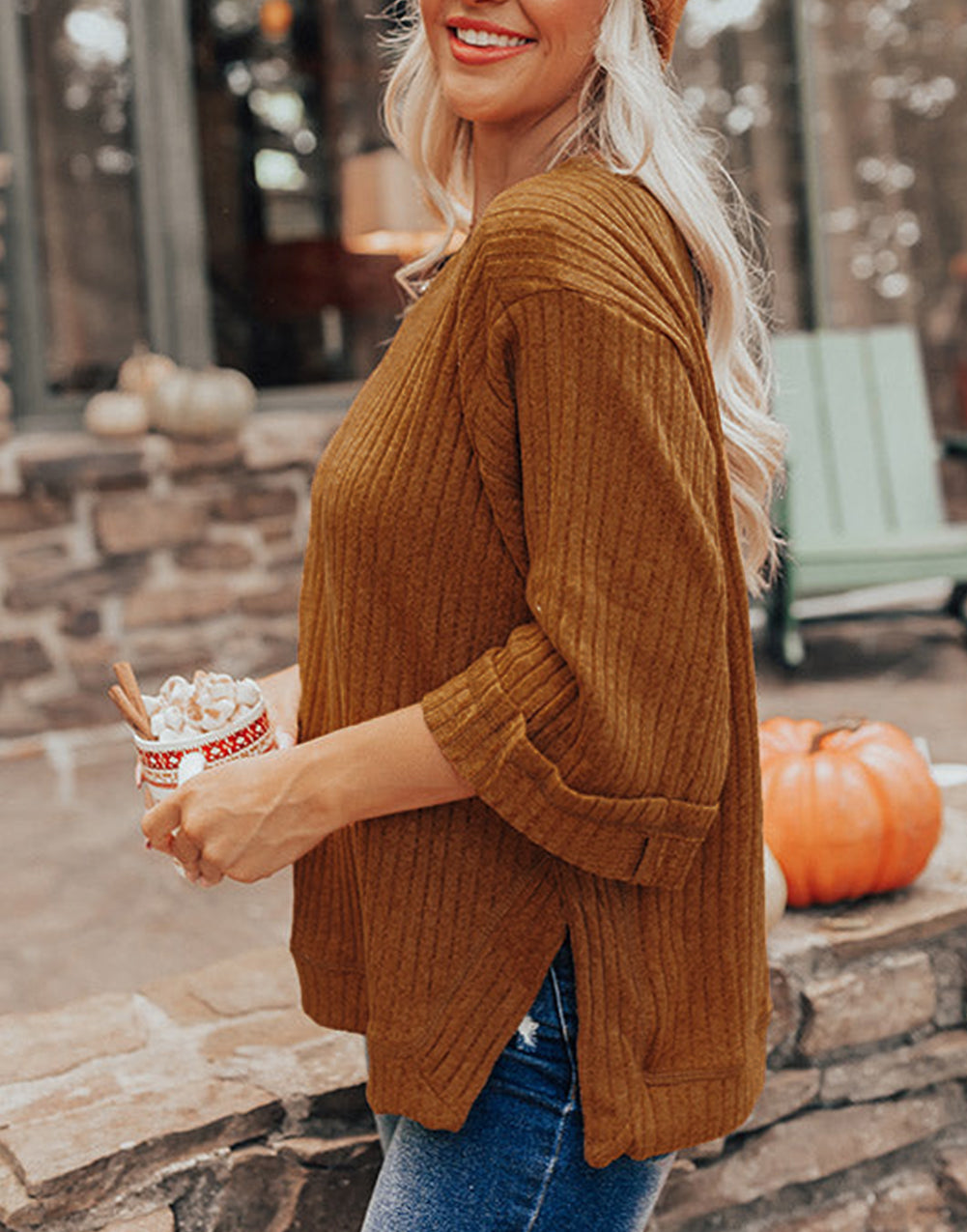 Ribbed Knit Three Quarter Sleeve T Shirt