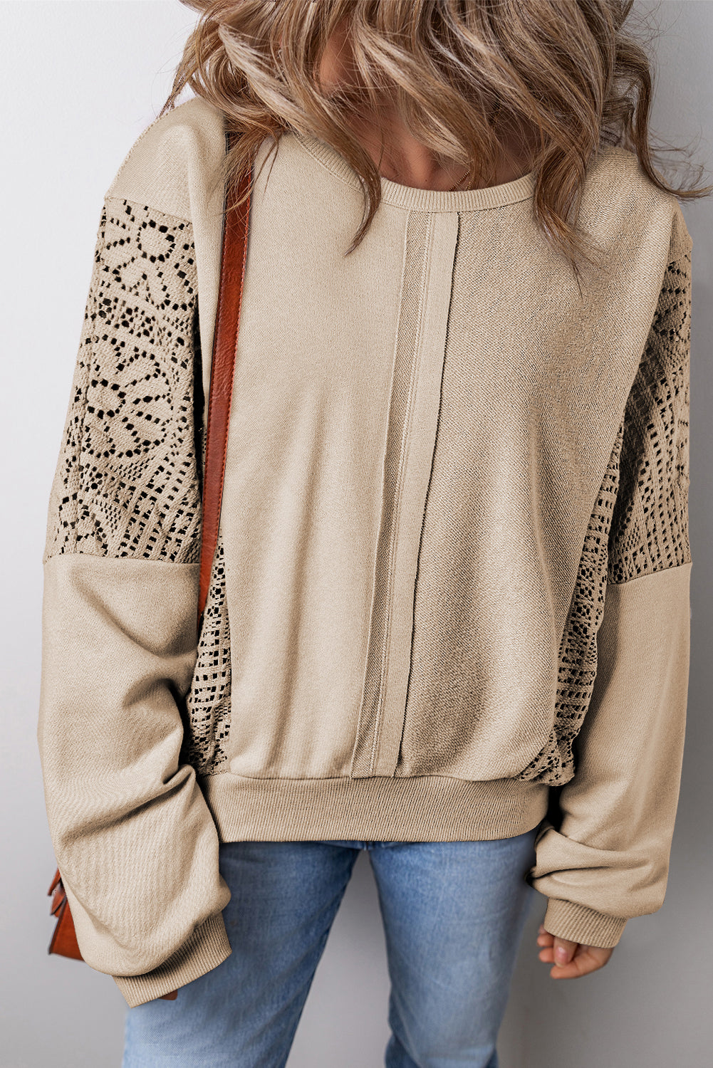 Knit Crochet Exposed Seam Ribbed Trim Sweatshirt