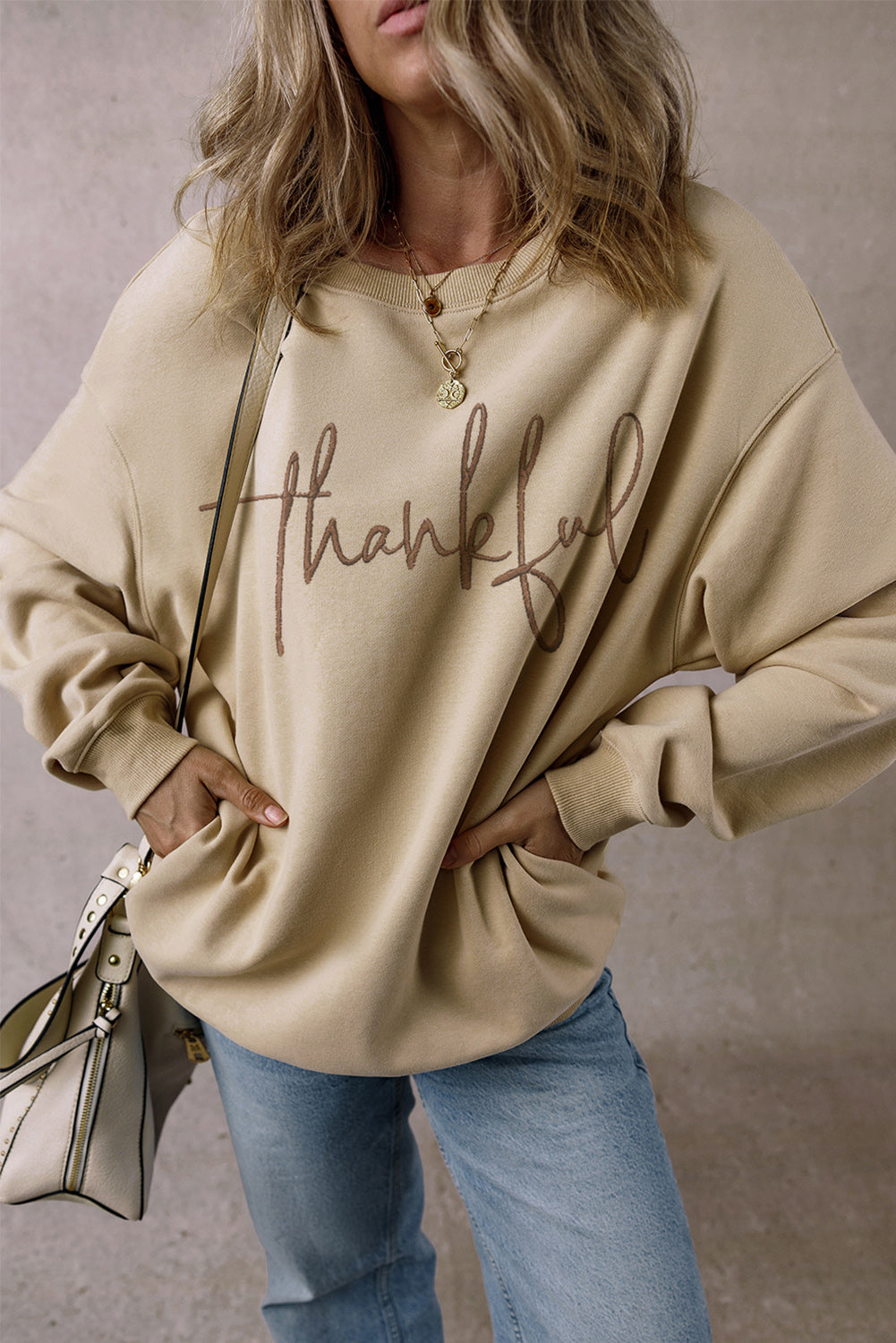 thankful Embroidered Drop Shoulder Pullover Sweatshirt