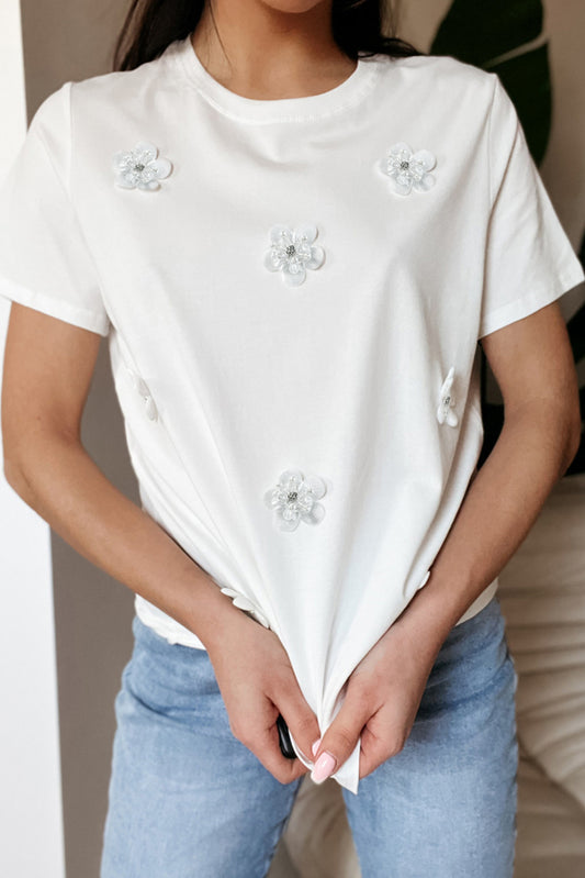 Flower Applique Round Neck T-shirt