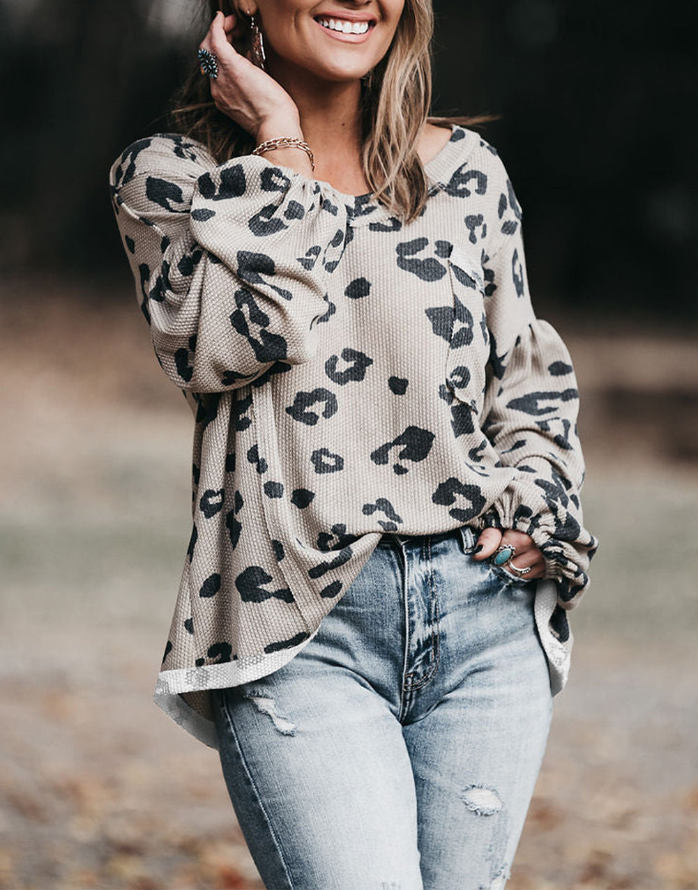 Printed Leopard Balloon Sleeve Thermal Knit Plus Size Top
