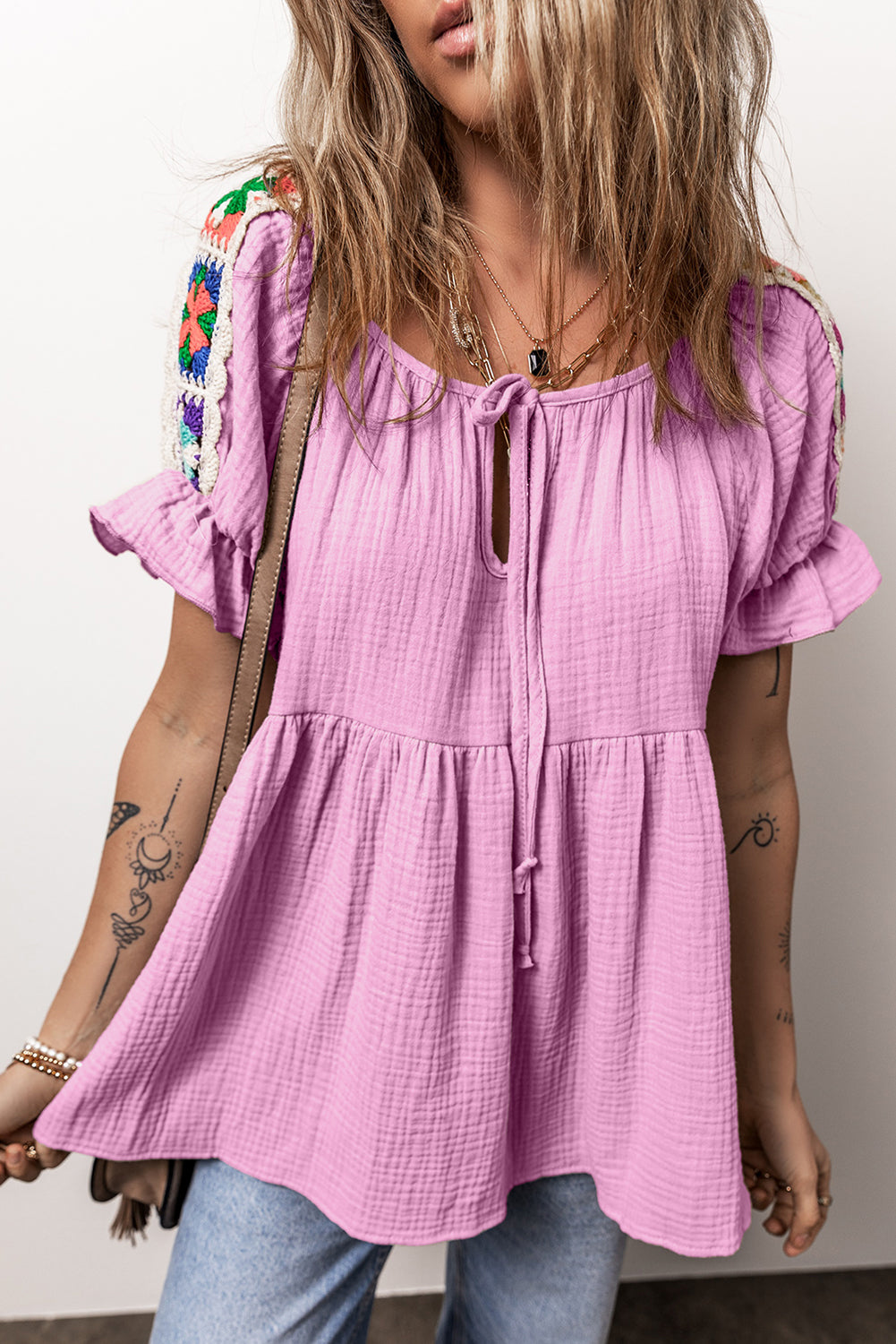 Crinkle Embroidered Patched Bubble Sleeve Tied Neck Blouse