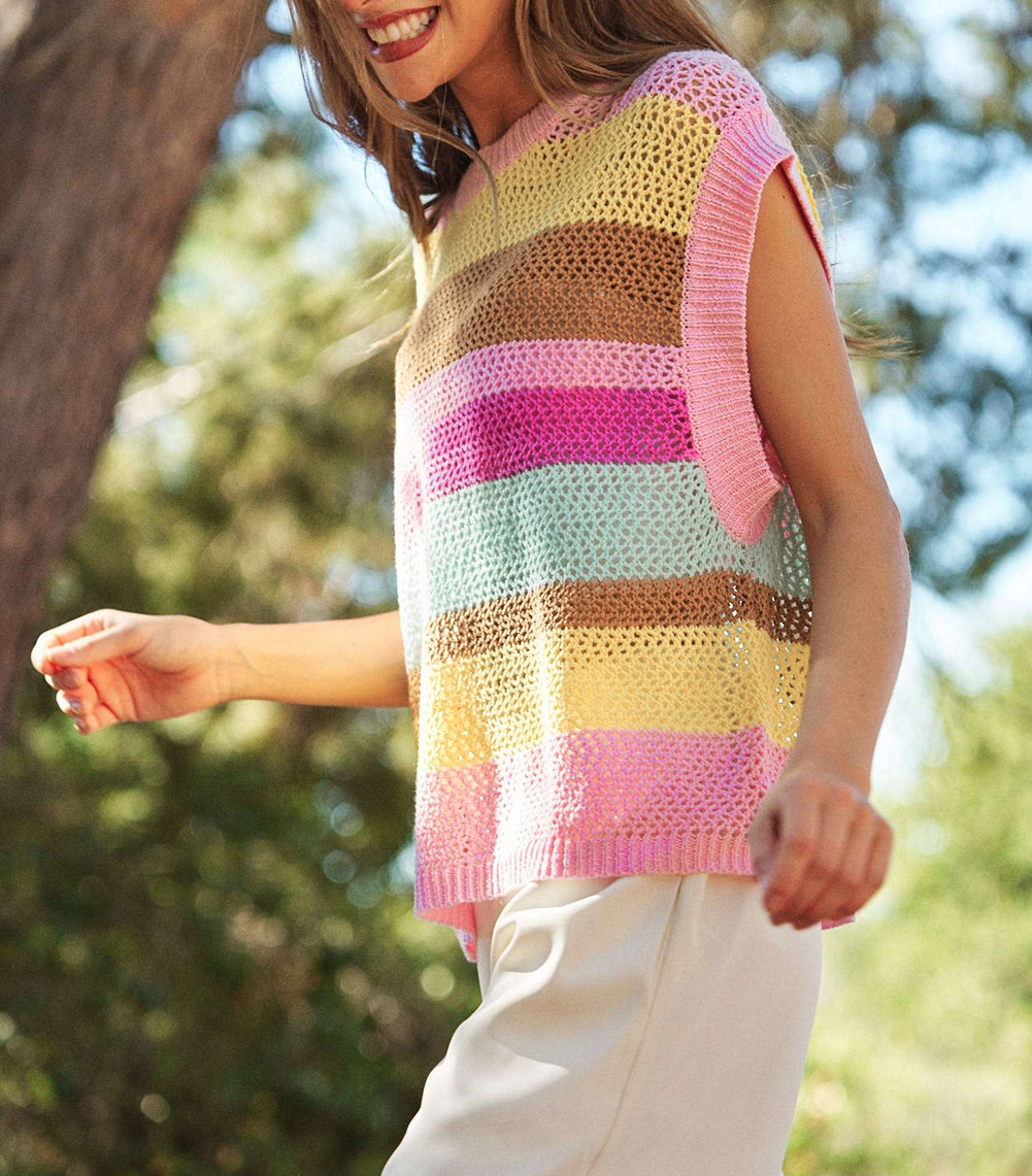 Stripe Crochet Cap Sleeve Loose Fit Sweater T Shirt