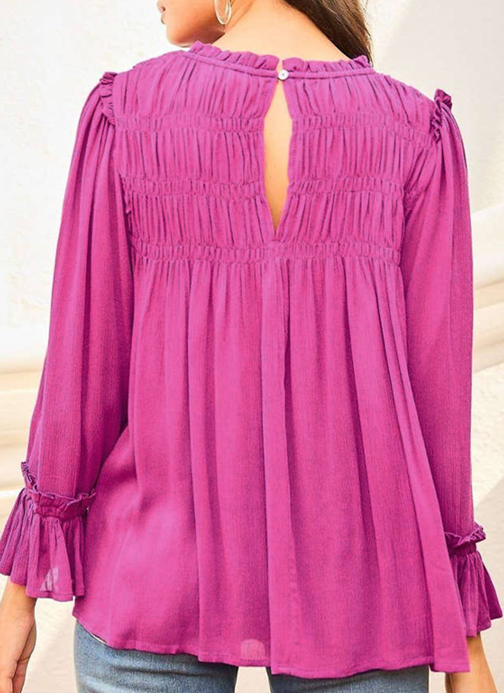 Shirred Button Keyhole Back Flounce Sleeve Blouse