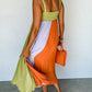 Color Block Shirred High Waist Fit and Flare Maxi Dress