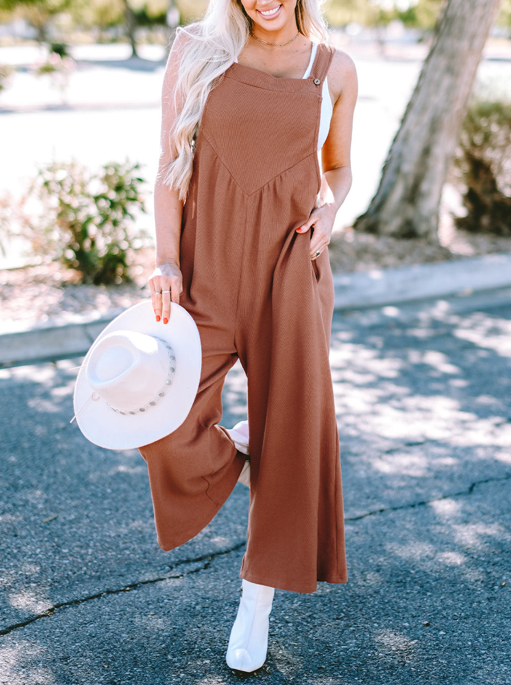 Textured Buttoned Straps Ruched Wide Leg Jumpsuit