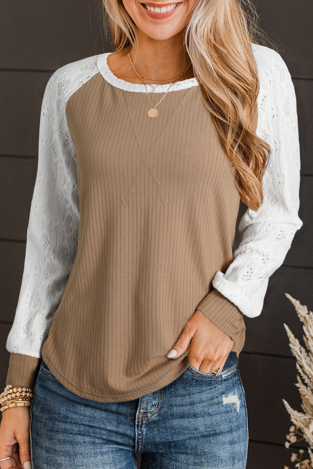 Lace Crochet Patch Long Sleeve Textured Top