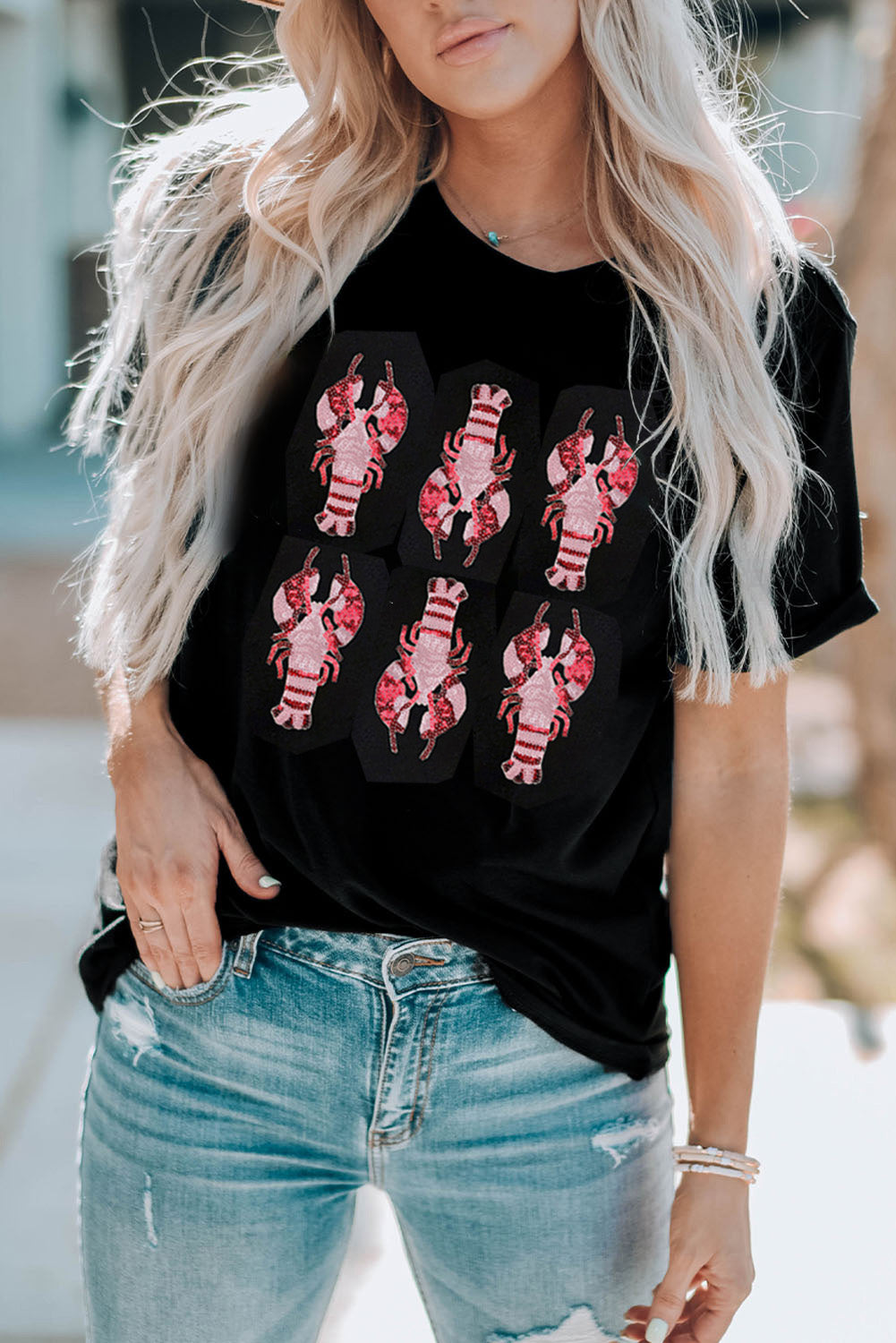Sequin Crawfish Graphic Western Fashion T Shirt
