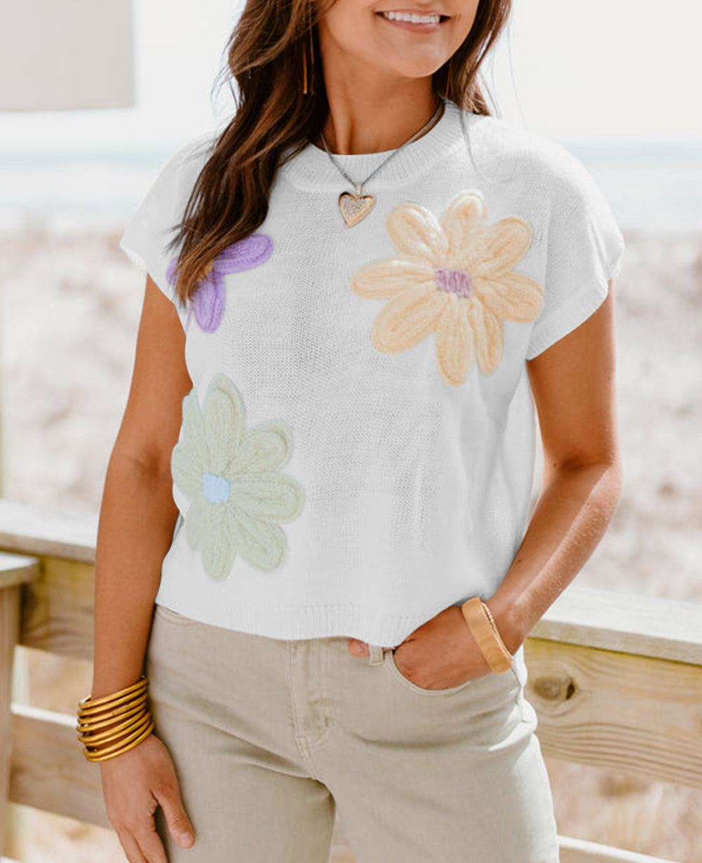 Multi Crochet Flower Knit Short Sleeve Sweater Tops