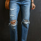 Distressed Holes Raw Edge Straight Jeans