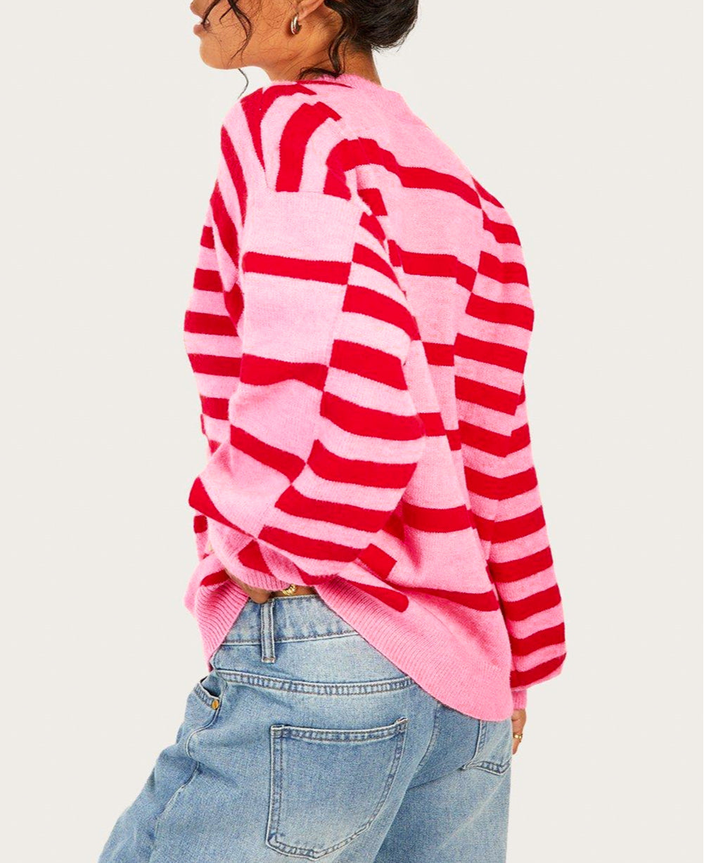 Stripe Bubble Sleeve Drop Shoulder Ribbed Trim Sweater