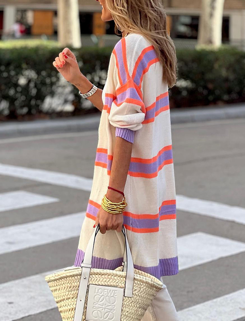 Plus Size Striped Dropped Shoulder Sweater Cardigan