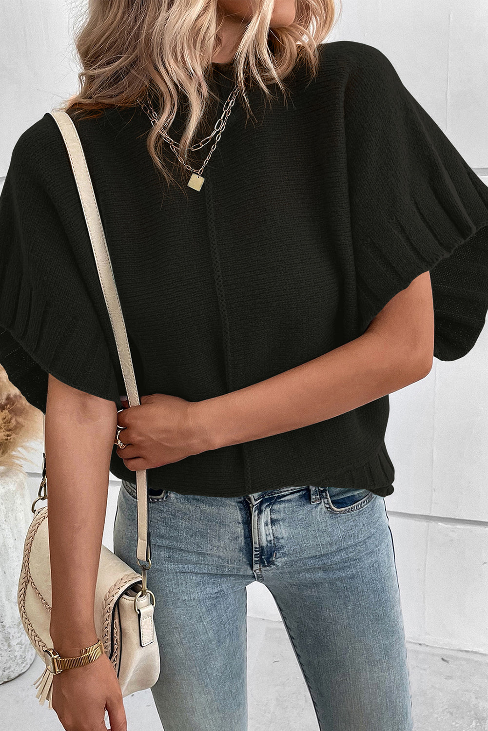 Mock Neck Batwing Short Sleeve Knit Sweater
