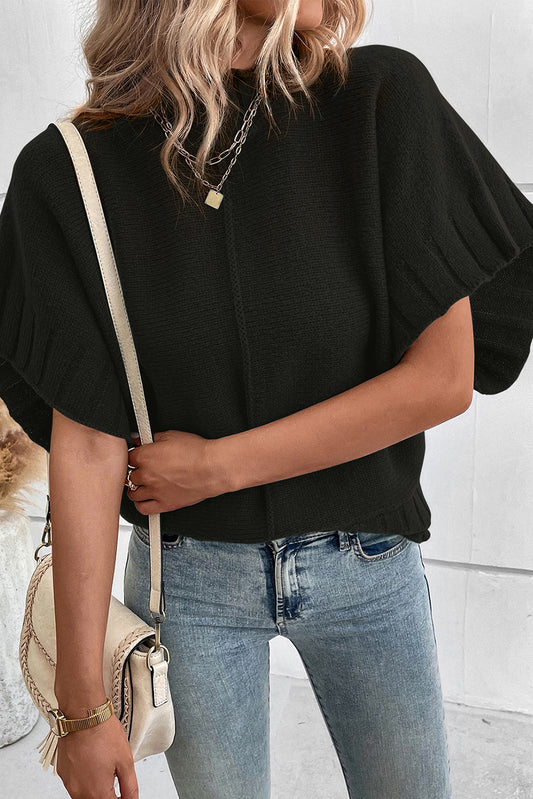 Mock Neck Batwing Short Sleeve Knit Sweater
