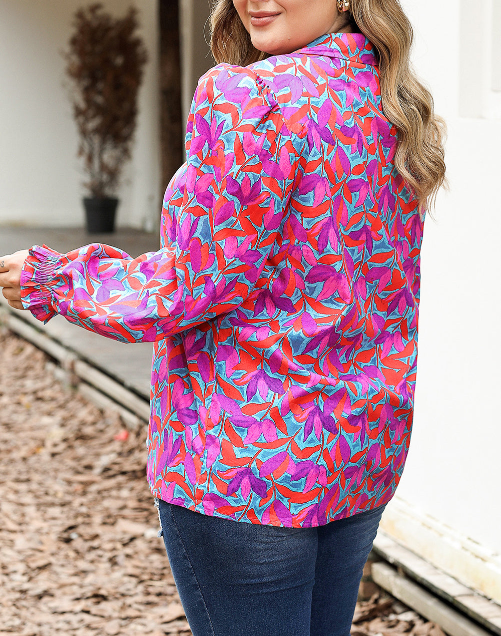 Plus Size Floral Print Ruffled Puff Sleeve Shirt
