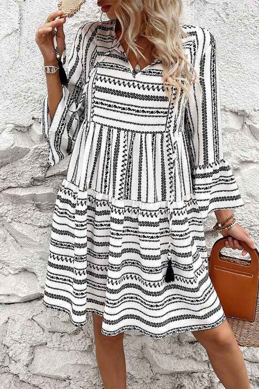 Stripe V Neck Bell Sleeve High Waist Mini Dress