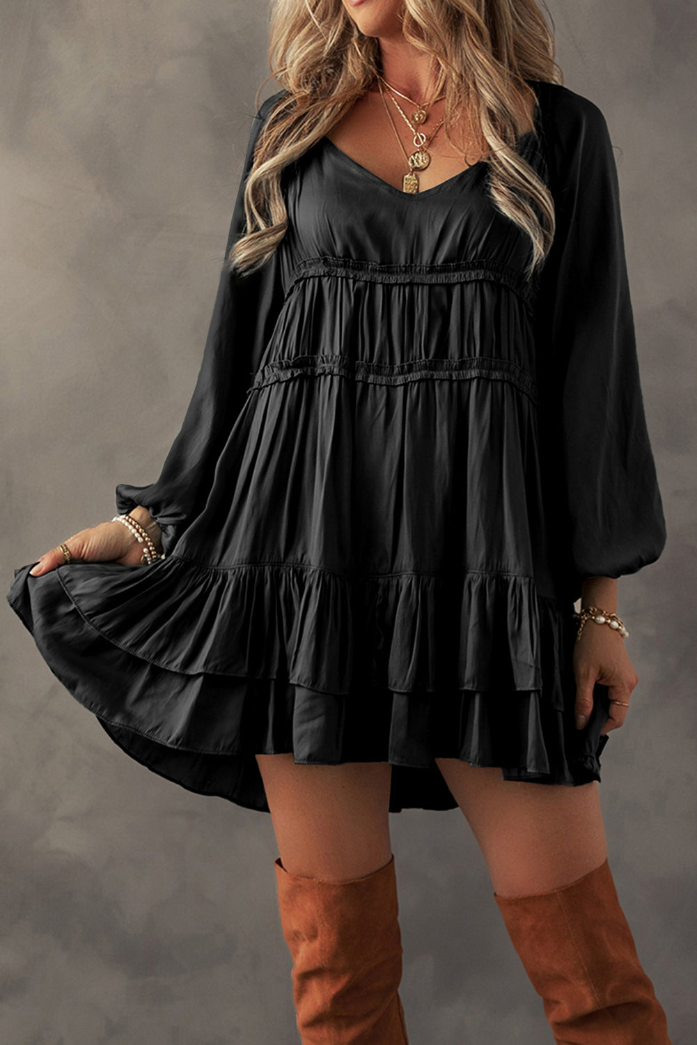 Tiered Ruffled Puff Sleeve Loose Fit Mini Dress