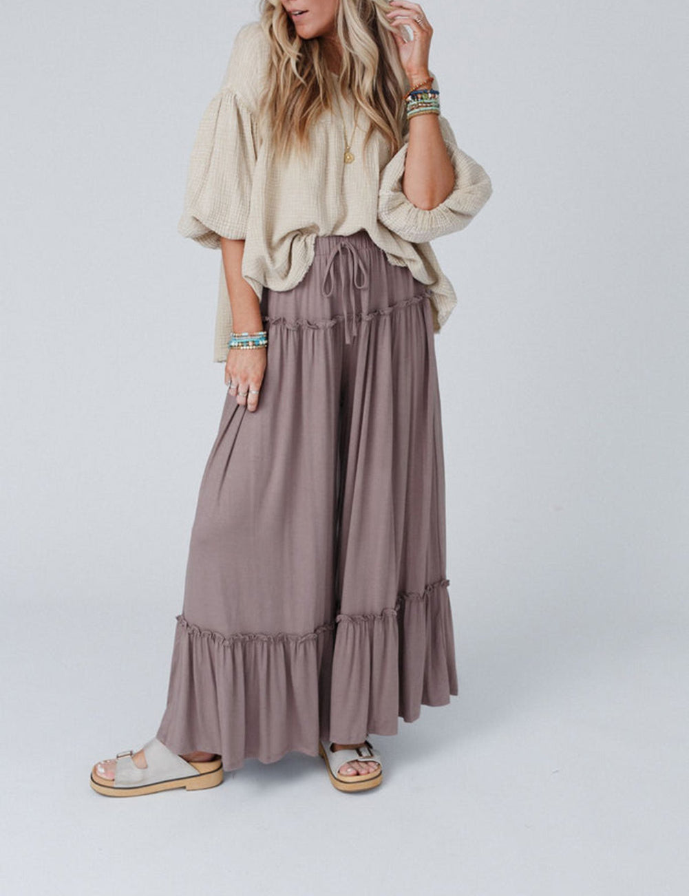 Frilled Drawstring High Waist Wide Leg Pants