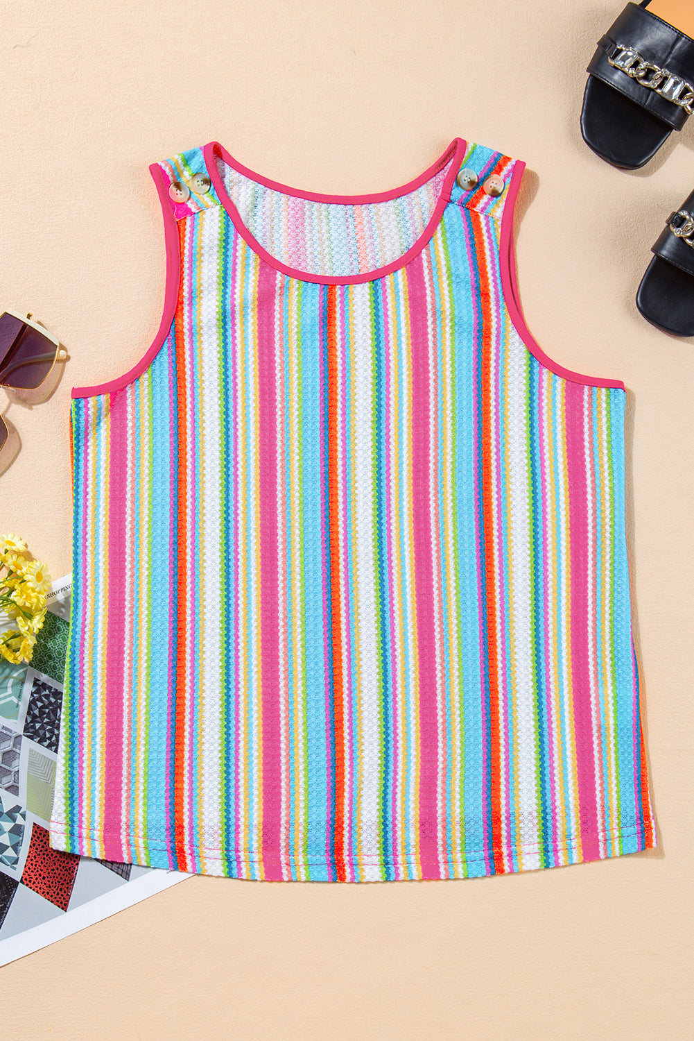 Stripe Rainbow Eyelet Knit Button Decor Tank Top