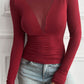 Solid Color Mesh Patchwork Long Sleeve Slim Top