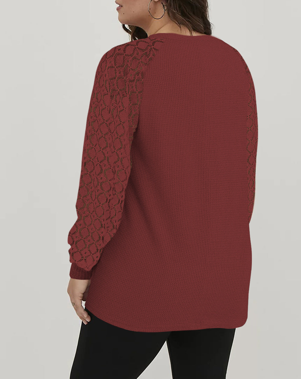 Plus Size Contrast Lace Sleeve Waffle Knit Top