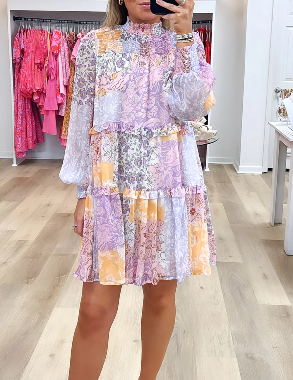 Floral Smocked Mock Neck Ruffled Tiered Bubble Sleeve Dress