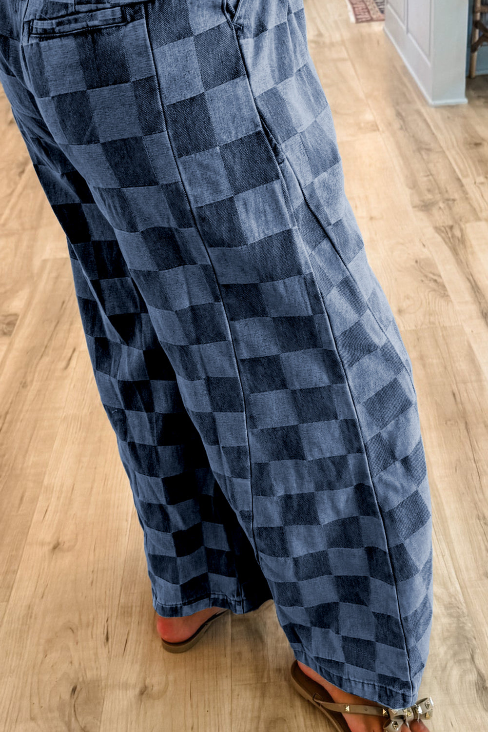 Checkered Denim Wide Leg Jeans