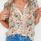 Split V Neck Puff Sleeve Flower Print Blouse