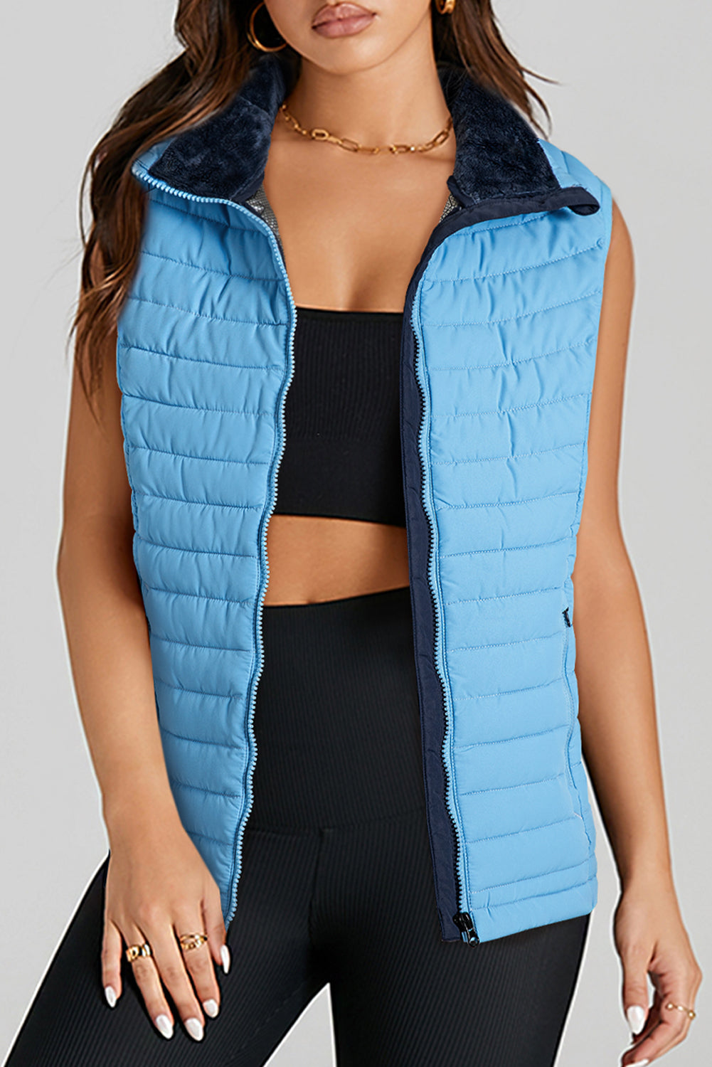 Plush Collared Quilted Zipped Puffer Vest