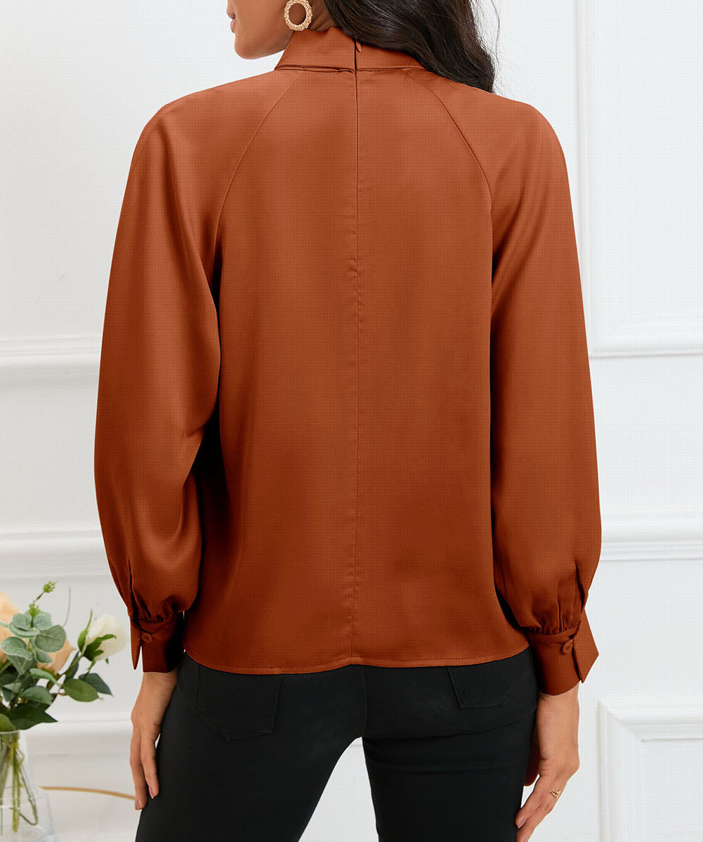 Keyhole Pleated Mock Neck Bishop Sleeve Blouse